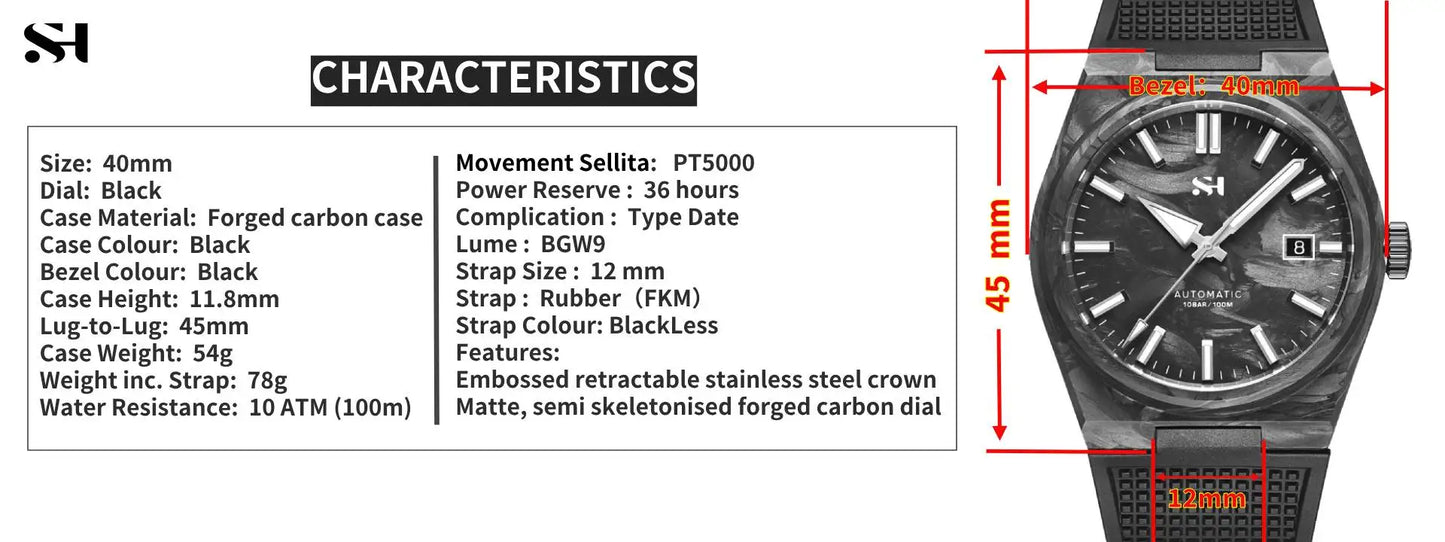 2024 New 40mm Carbon Automatic Watch Luxury 100m Waterproof Diver Watches PT5000 Diver Men Watch