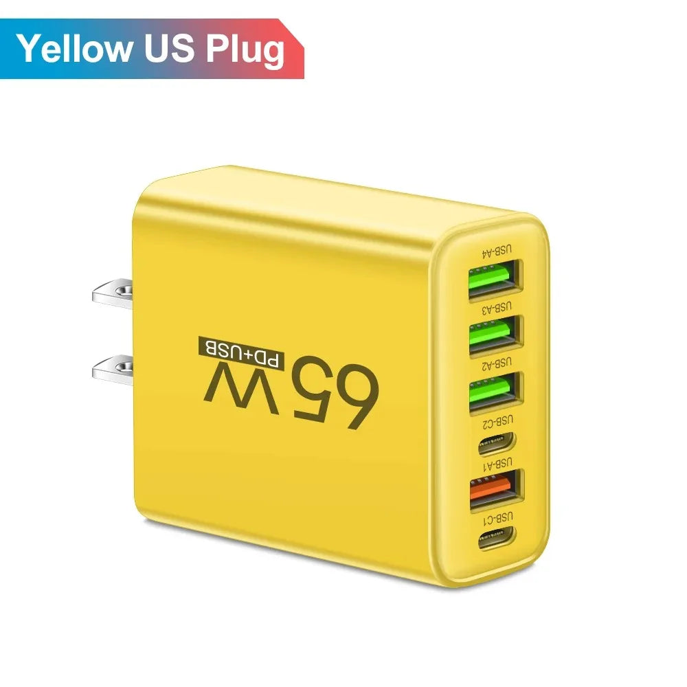 Multi Ports USB Charger 65W 6 in 1 Fast Charging Type C Phone Adapter For iPhone Samsung Xiaomi Huawei EU/US Plug Wall Charger