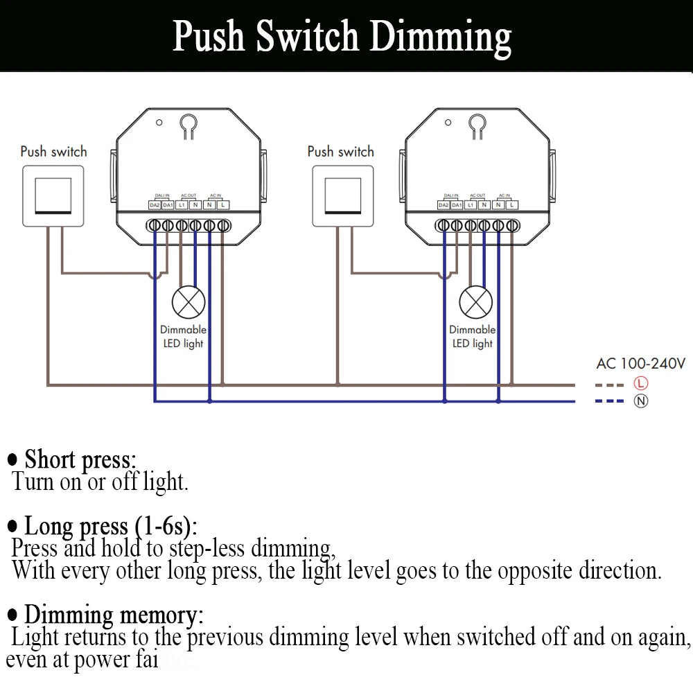 DALI AC Triac Dimmer DT-C With Push Switch Dimming Trailing DT4 Edge Dimmer for Single Color Dimmable LED Lamps AC100-240V 360W