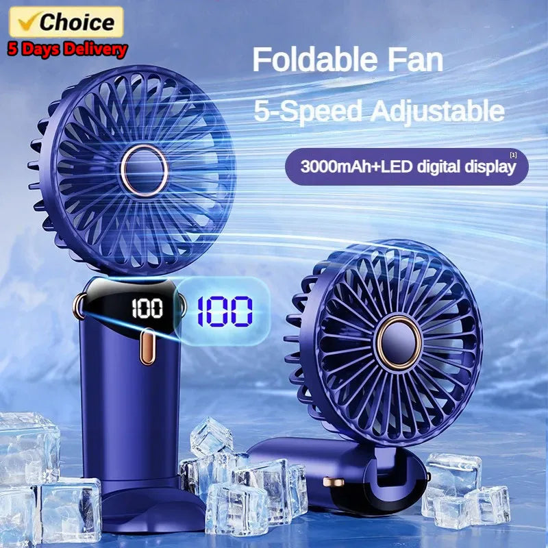 Handheld USB Mini Fan Foldable Portable Neck Hanging Fans 5 Speed Usb Rechargeable Fan With Phone Stand And Display Screen New