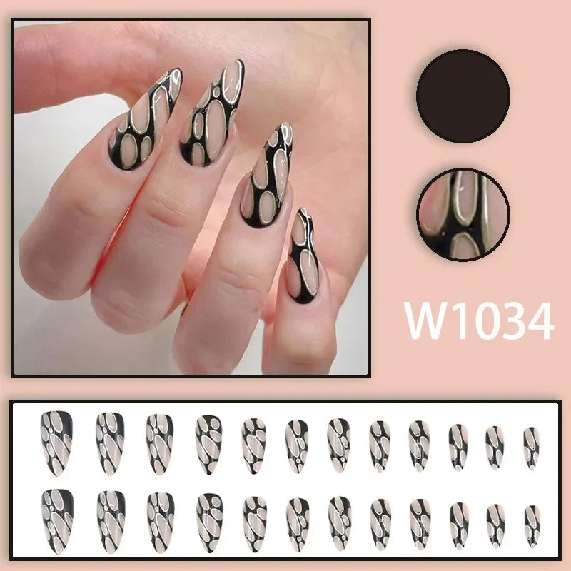 Black Ink Style Fake Nail with Jelly sticker Press on False Nails Wearable Round Head Oval Full Cover Nail Tips