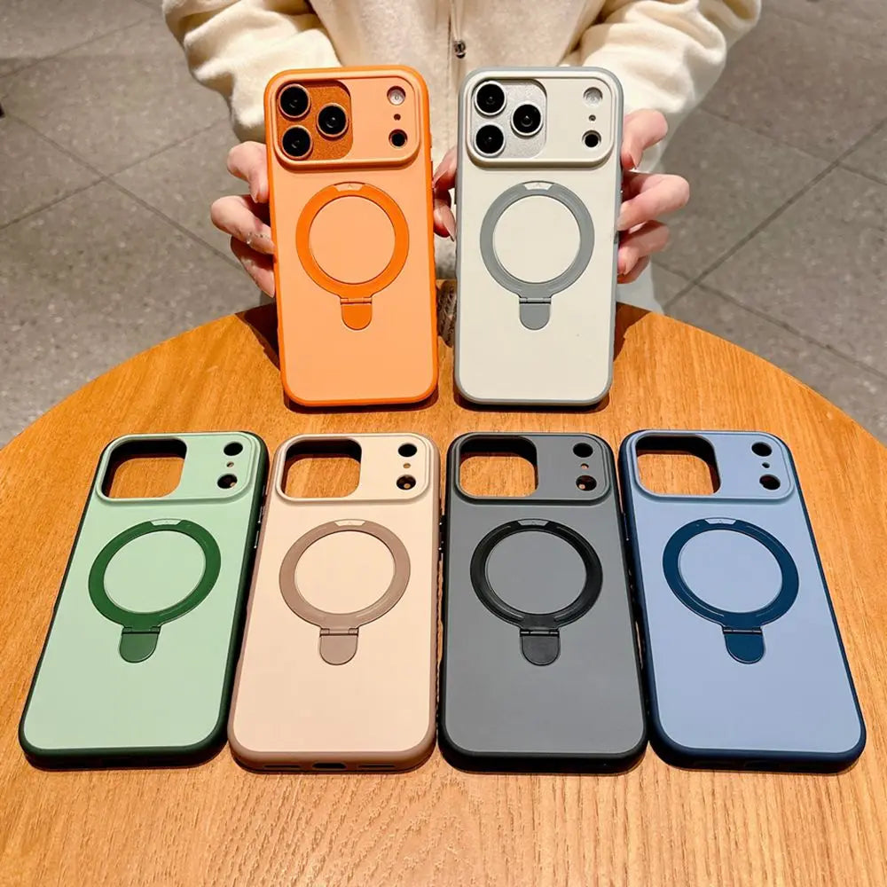 Luxury Skin Feel for Magsafe Phone Case For iPhone 17 16 13 15 Pro Max 14 Plus Magnetic Bracket Stand Anti-slip PC Cover