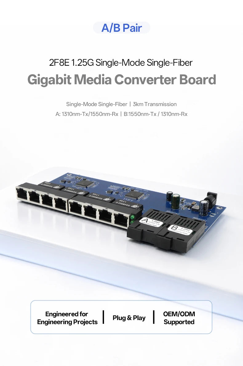 BYXGD 2F8E Gigabit Media Converter Board Single-Mode Single-Fiber BIDI 3km 2SC+8RJ45 Plug&Play
