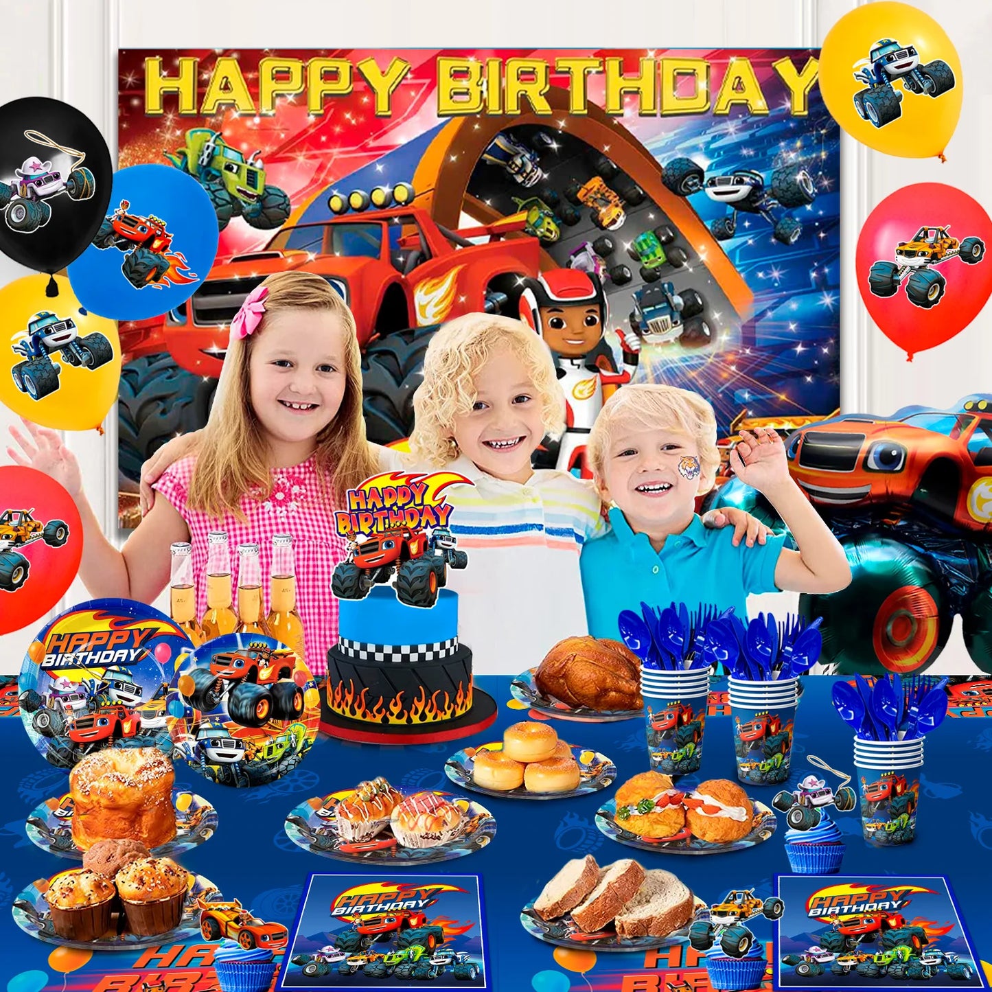 Monster Truck Party Supplies,140pcs Monster Truck Birthday Decorations&Tableware Set Blaze Party Decorations for Kids