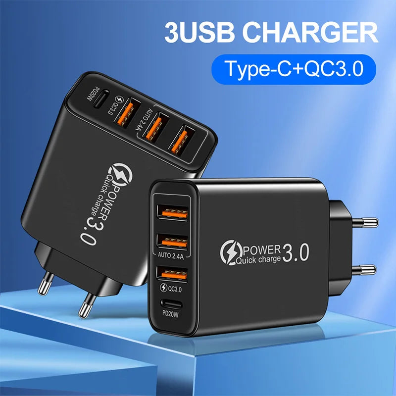 Type C USB Quick Charger 4 Ports 3.0 PD Cell Mobile Phone Power FAST Adapter For iPhone Samsung Xiaomi Black/White