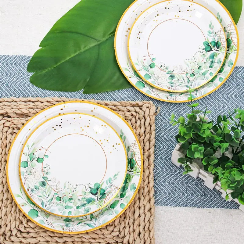 Sage Green Disposable Tableware Tropic Greenery  Party Paper Plates Cup Supply Wedding Birthday Jungle Safari Theme Party Decor