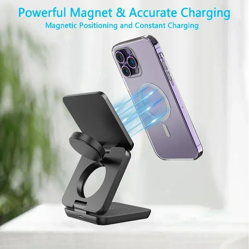 3 In 1 Foldable Magnetic Wireless Charger Stand For iPhone 15 14 13 12 Pro Max Apple Watch AirPods Fast Charging Station Holder