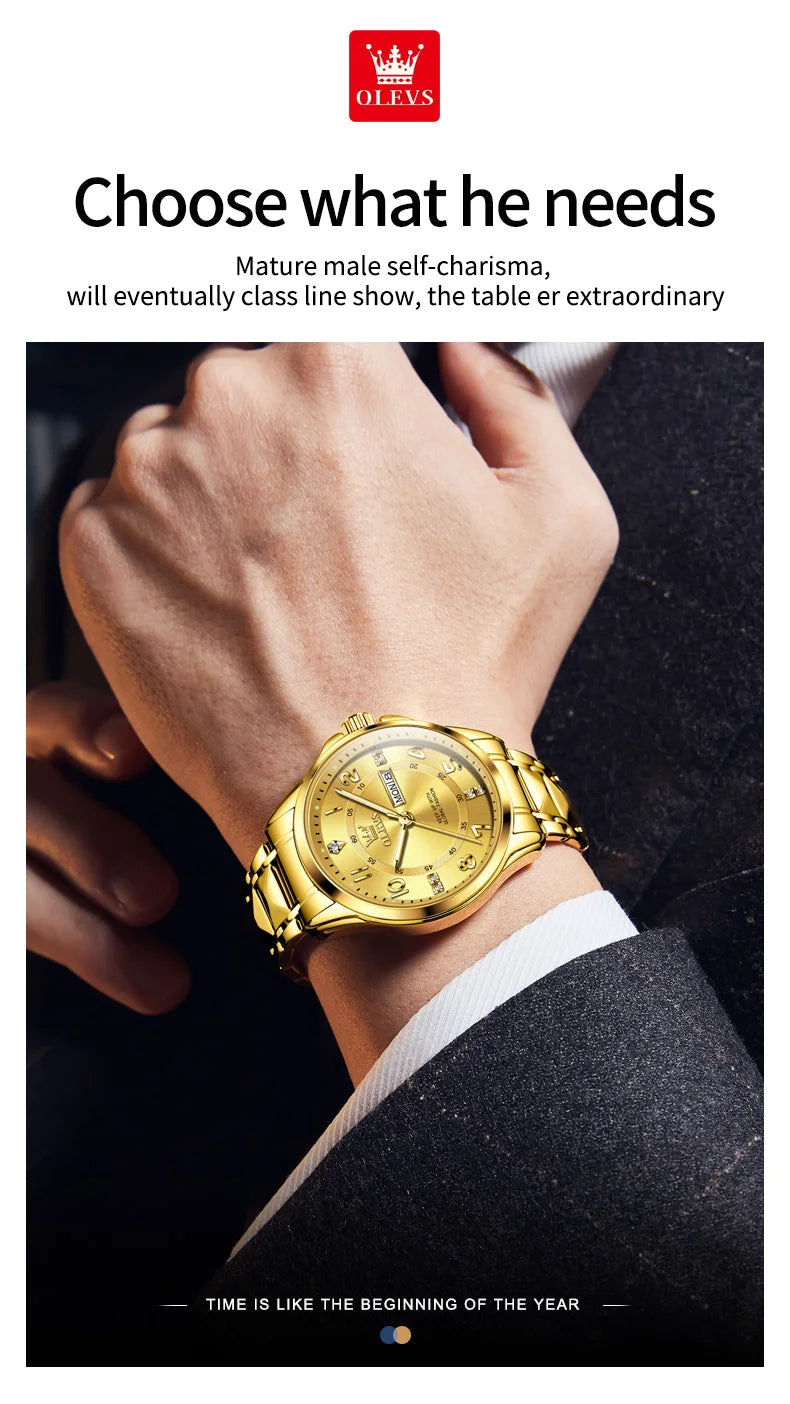 OLEVS 2910 Luxury Men Women Couple Watch Dual Calendar Display Waterproof Stainless Steel Clock Gold Diamond Couple Quartz Watch