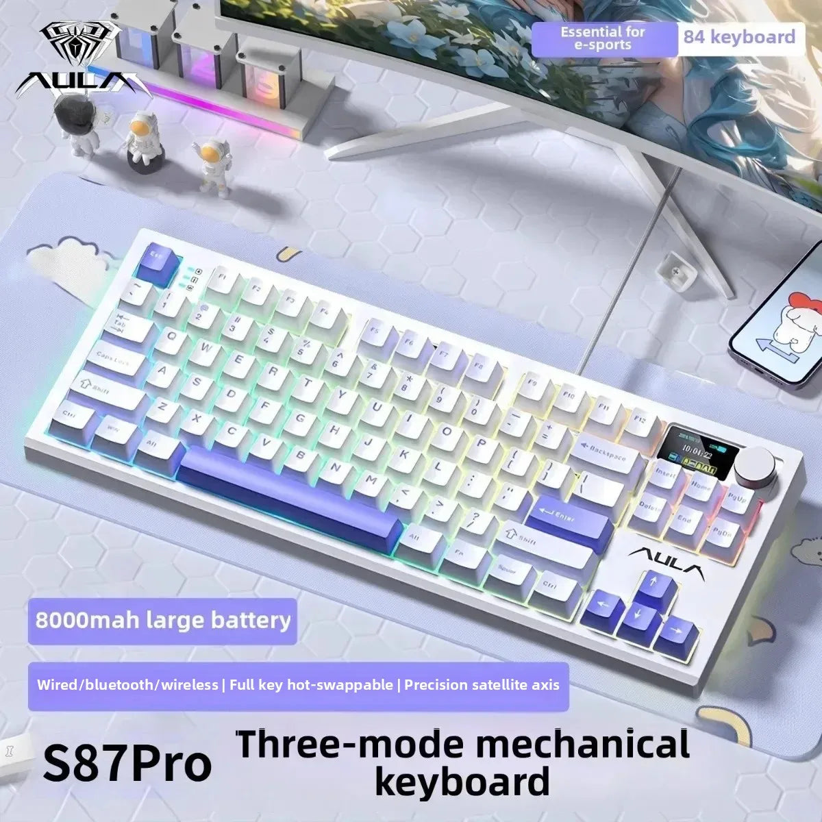 AULA S87Pro Gaming Mechanical Keyboard Wireless Bluetooth Keyboard Tri-mode RGB Hot Swappable Customized Games Accessories