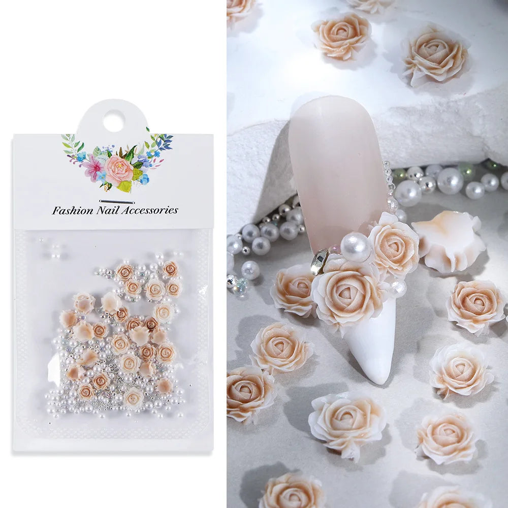 30 pcs gradient carved rose nail ornaments with steel bead pearl nail accessories