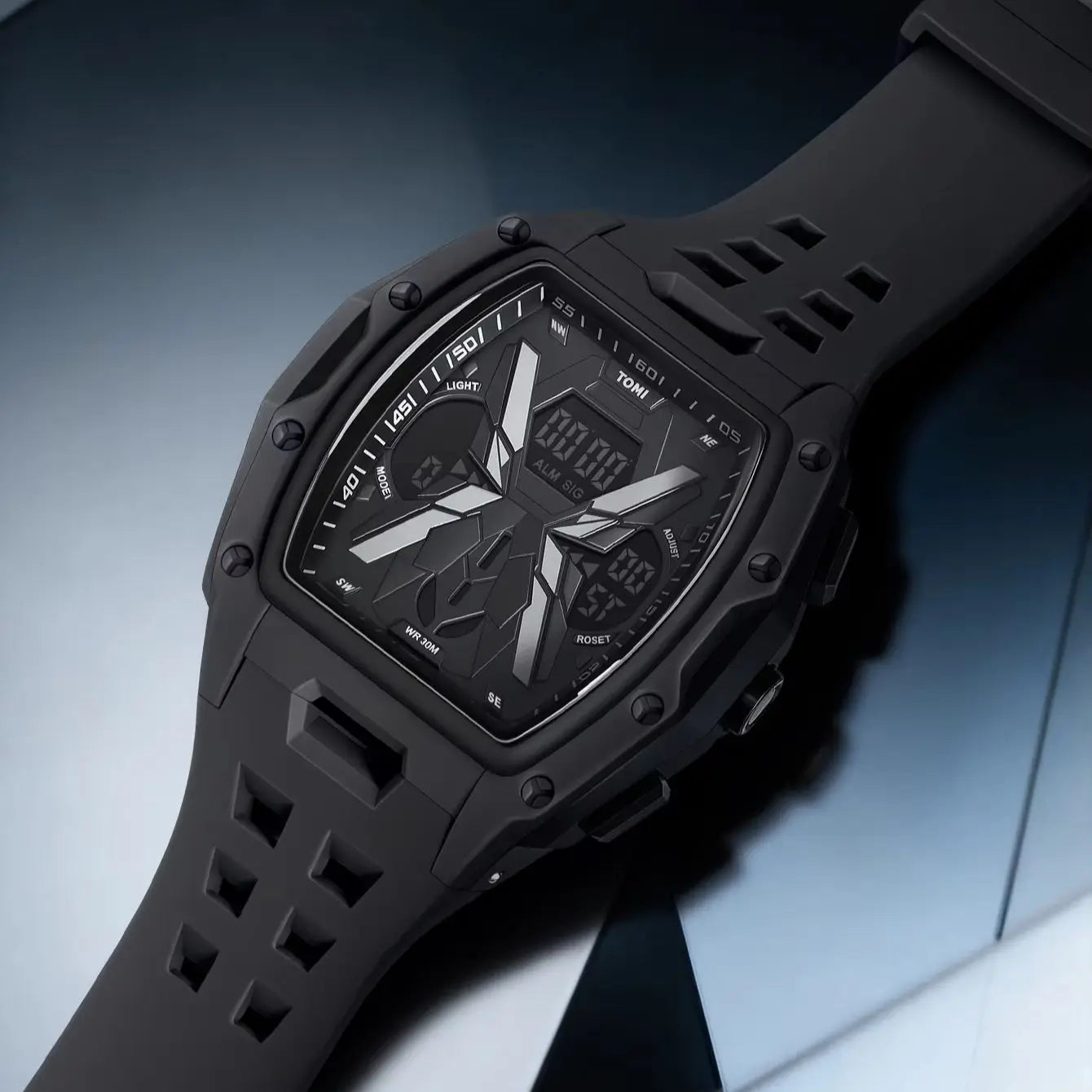 TOMI  Sports Men Mecha Dual Display Watch, Analog Digital Dual Dial, Backlight Alarm Stopwatch, Hollow Breathable Silicone Strap