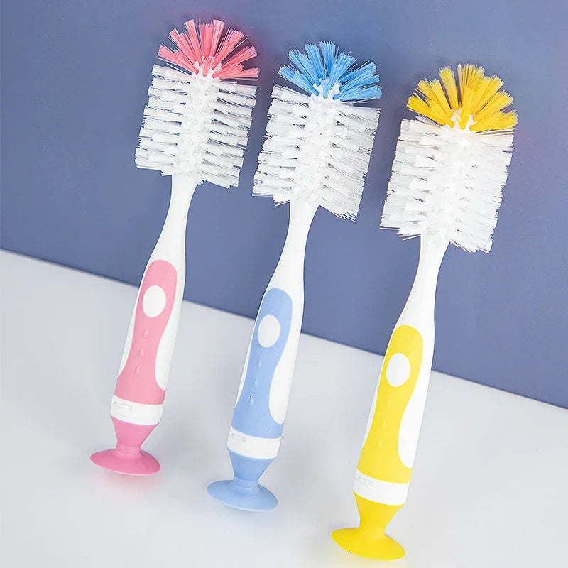 2 in 1 Mother-child Nylon Baby Bottle Cup Cleaning Brush Suction Stand Type Feeding Clean Tool Set