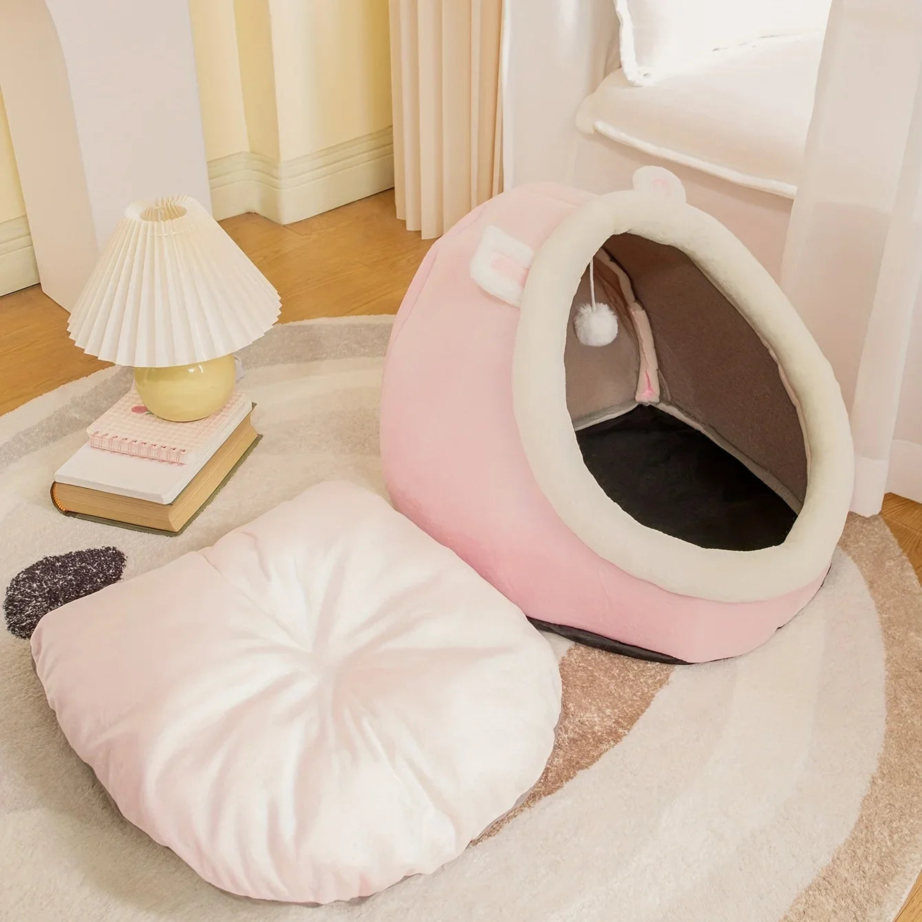 Puppy Cat Cave Bed with Washable Cushion Soft Warm Hideout Cute Pink Beds And Furniture Basket for Dog Pet Accessories