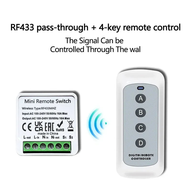 Smart Wireless Switch 433Mhz 16A 4Key RF Switch Module Remote Control AC 100V-240V Mini Relay Receiver Light Fan Garage Door