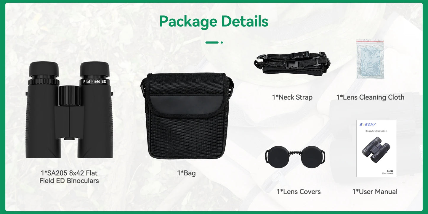 Svbony SA205 Binoculars ED Flat-field 8X42/10X42 Professional IP67 Waterproof BAK4 Twist-up Eyecups for Travelling Bird Watching