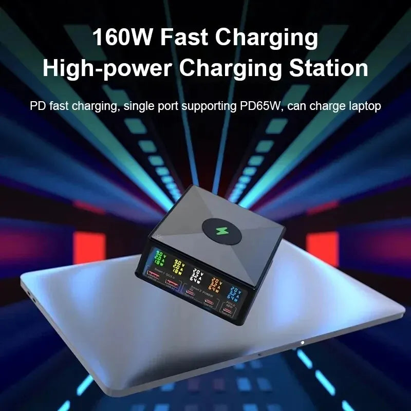 160W 5Port USB Charger Staion Hub With 15W Wireless Charger LCD Display USB-C QC3.0 PD 65W Quick Charger For iPhone 14 13 Xiaomi