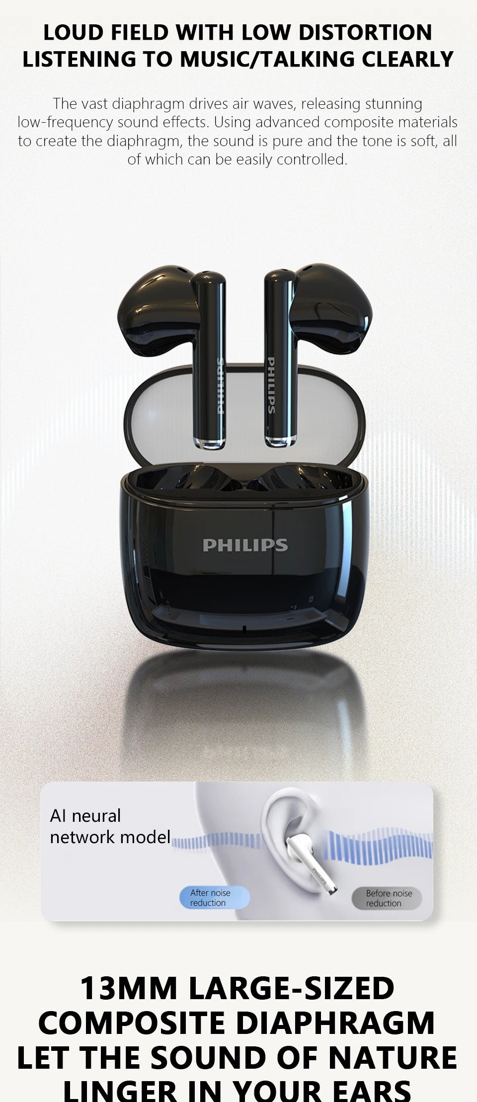 PHILIPS TAT2420 Semi-in-ear Wireless Bluetooth Earphones HIFI Sound Quality Call Noise Reduction Mini Portable Music Headset