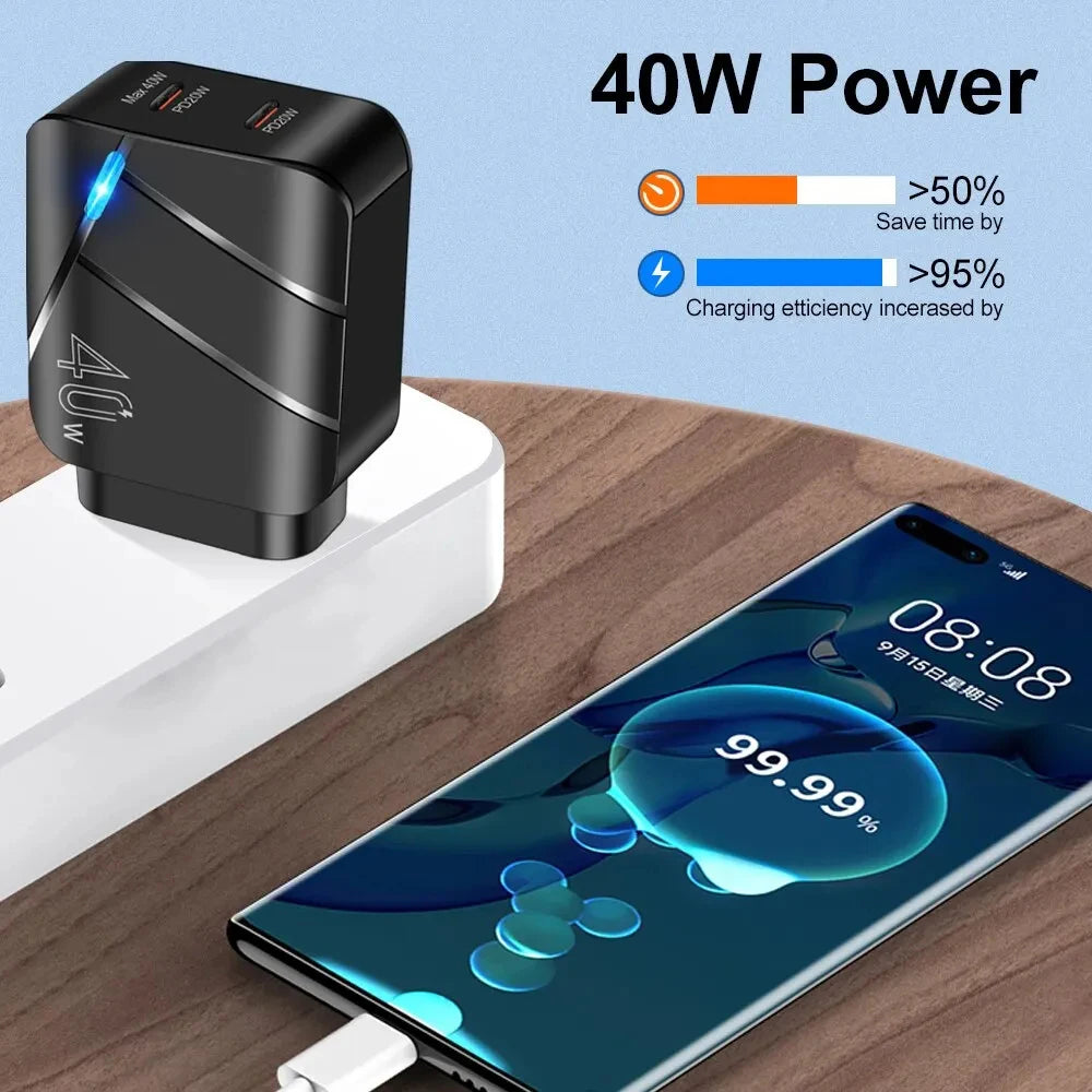 40W Charger Dual PD Fast Charging Type C Mobile Phone Adapter For Xiaomi 13 iPhone 15 14 Pro Samsung Huawei USB C Quick Charger