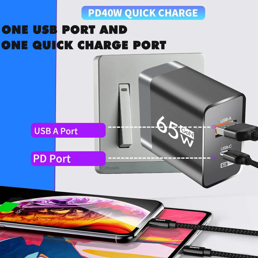 65W GaN USB C Charger Fast Charging 2 Ports Quick Mobile Phone Adapter For iPhone 15 14 13 Xiaomi Samgsung Portable Wall Charger