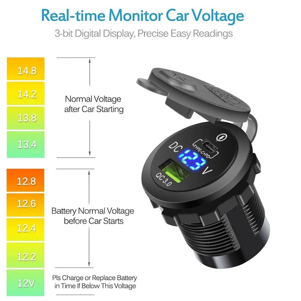 60W PD QC3.0 Car Charger Socket with Voltage Meter Quick Charge 3.0 Socket Power Outlet for 12V/24V Motorcycle Truck Boat