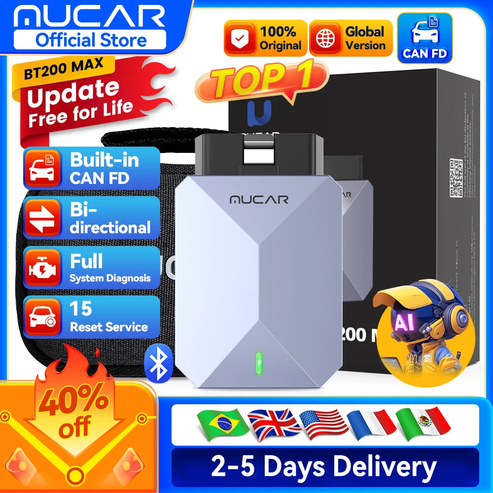 Lifetime Free Update MUCAR BT200 Max OBD2 Scanner CAN FD Bi-Directional Control All System Diagnostic Tool 15 Reset for All Cars