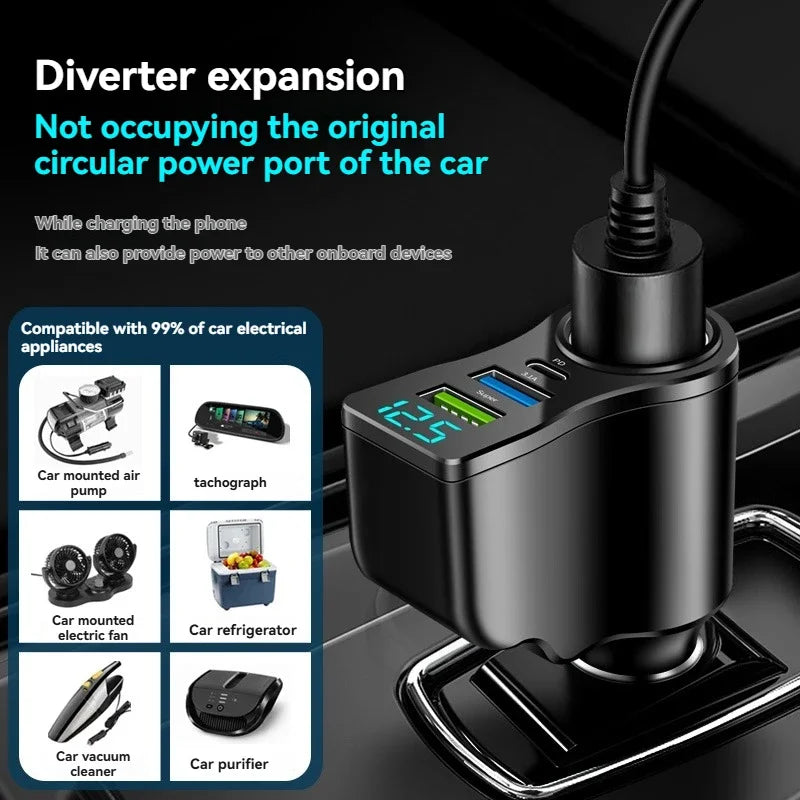 New digital display car fast charging dual USB car charger car one to three cigarette lighter 66W car multifunctional charger