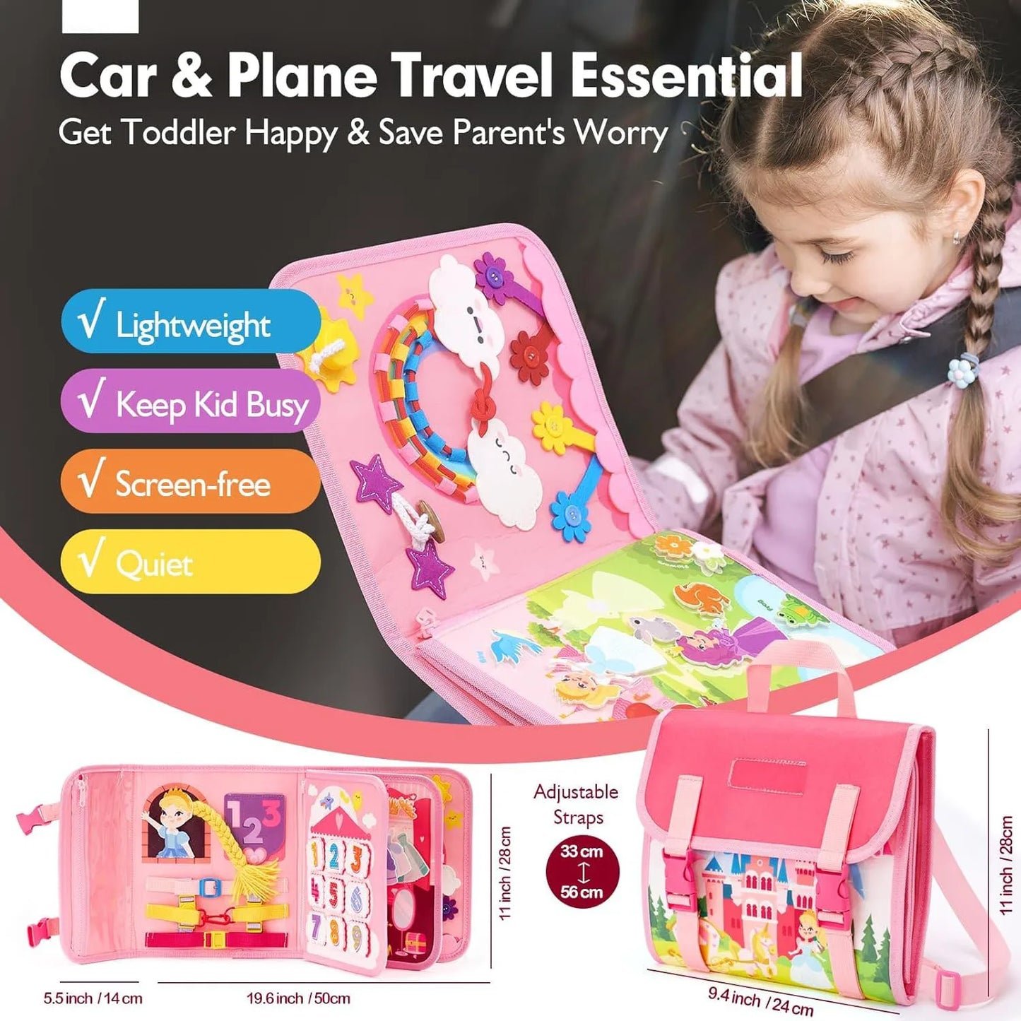 Toddler Busy Board Montessori Toys Learning Educational Activities Travel Toy Dinosaur Dress up  Sensory Life Skill Backpack