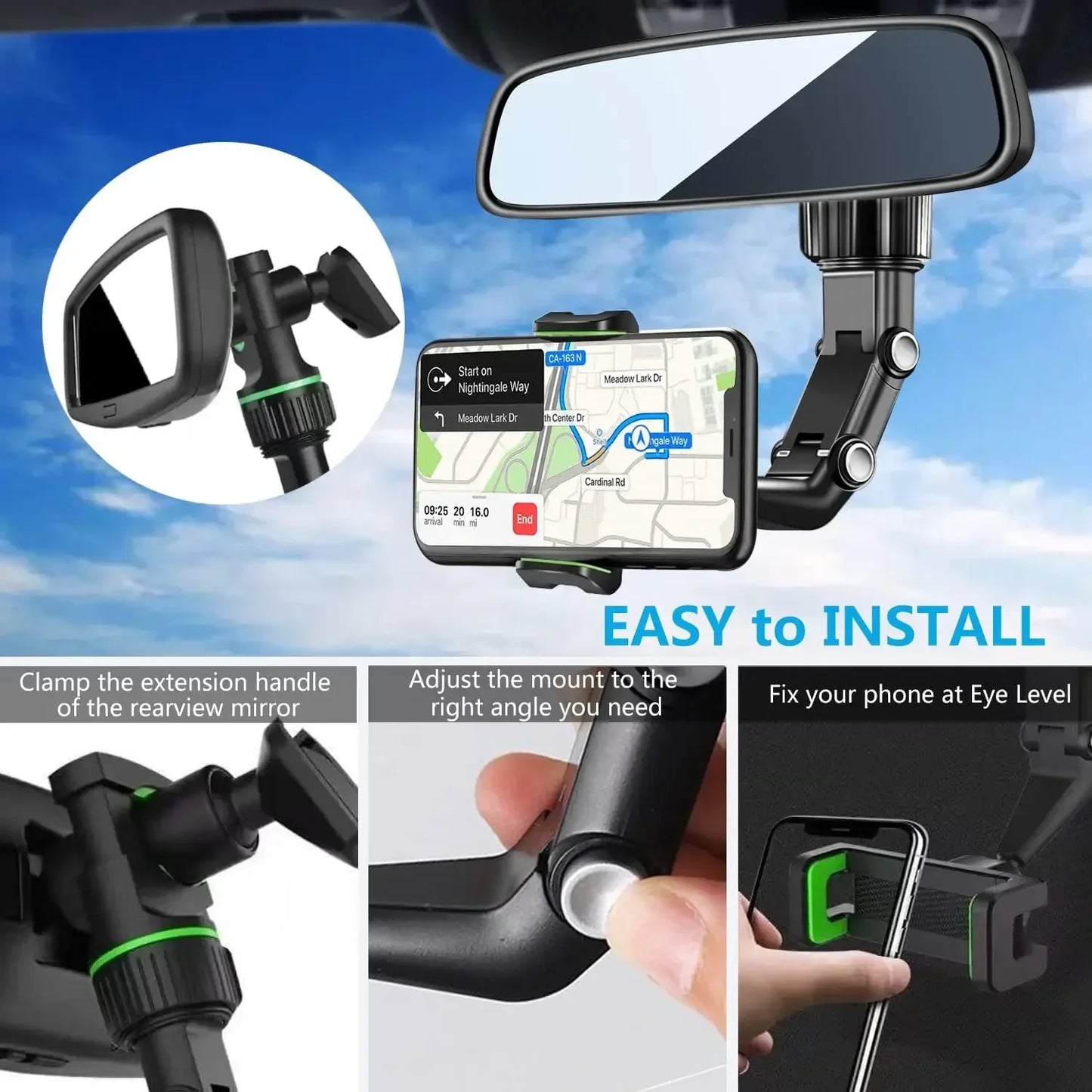 Universal Car Phone Holder Multifunctional 360 Degree Rotatable Auto Rearview Mirror Seat Hanging Clip Bracket Cell Phone Holder