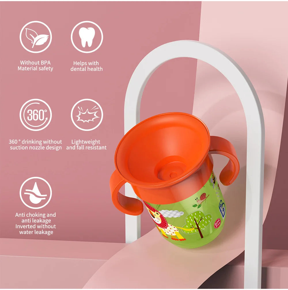 360 Rotated Cartoon Baby Learning Drinking Cup with Double Handle Flip Lid Leakproof Infants Water Cups Bottle BPA Free