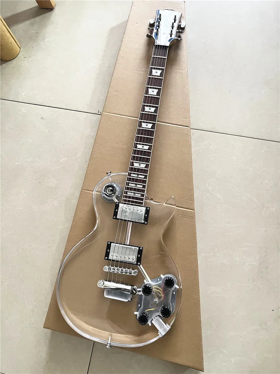 High quality custom crystal acrylic transparent Plexiglass 6-string electric guitar rose wood fingerboard led color lights