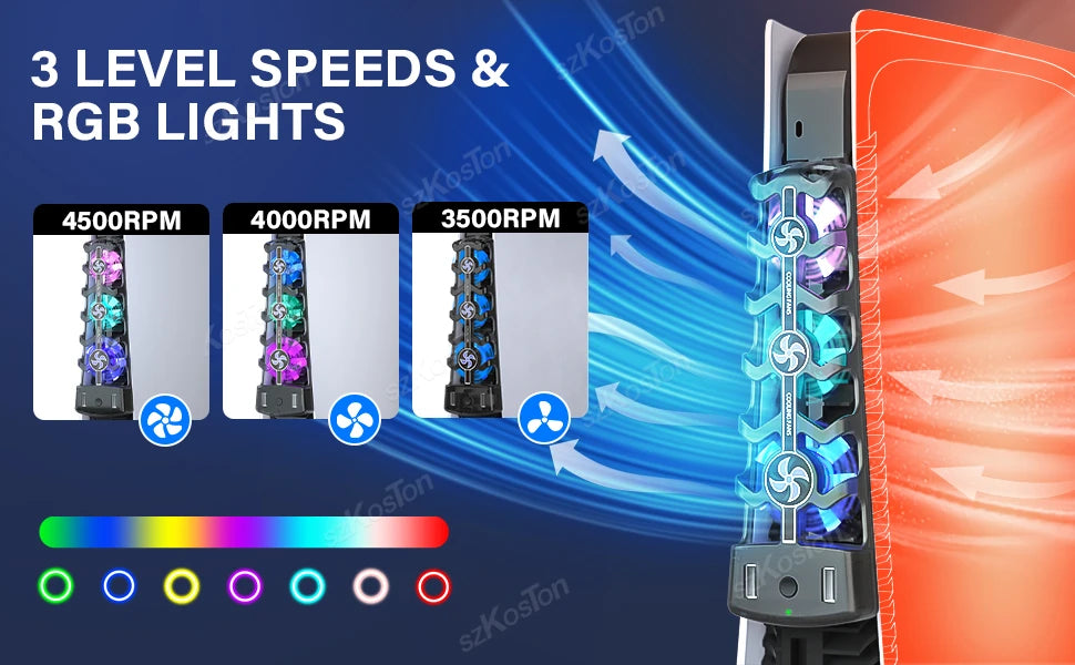 RGB Cooling Fan for PS5 Efficient Cooling System 3-Speed Quiet Cooler Fans for PS5 Console Accessories Disc and Digital Edition
