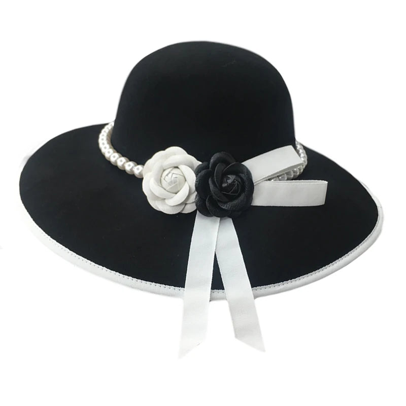 Formal Wide Brim White Black Flower Fedora Hat Pearls Band 100% Wool Felt Floppy Ladies Wedding Church Hat Porkpie Trilby Hat