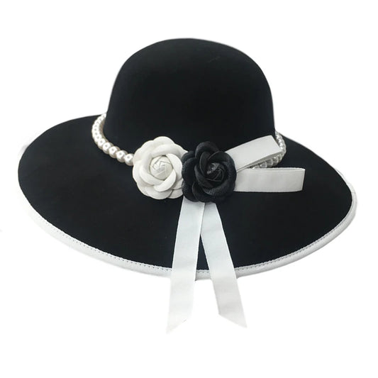 Formal Wide Brim White Black Flower Fedora Hat Pearls Band 100% Wool Felt Floppy Ladies Wedding Church Hat Porkpie Trilby Hat