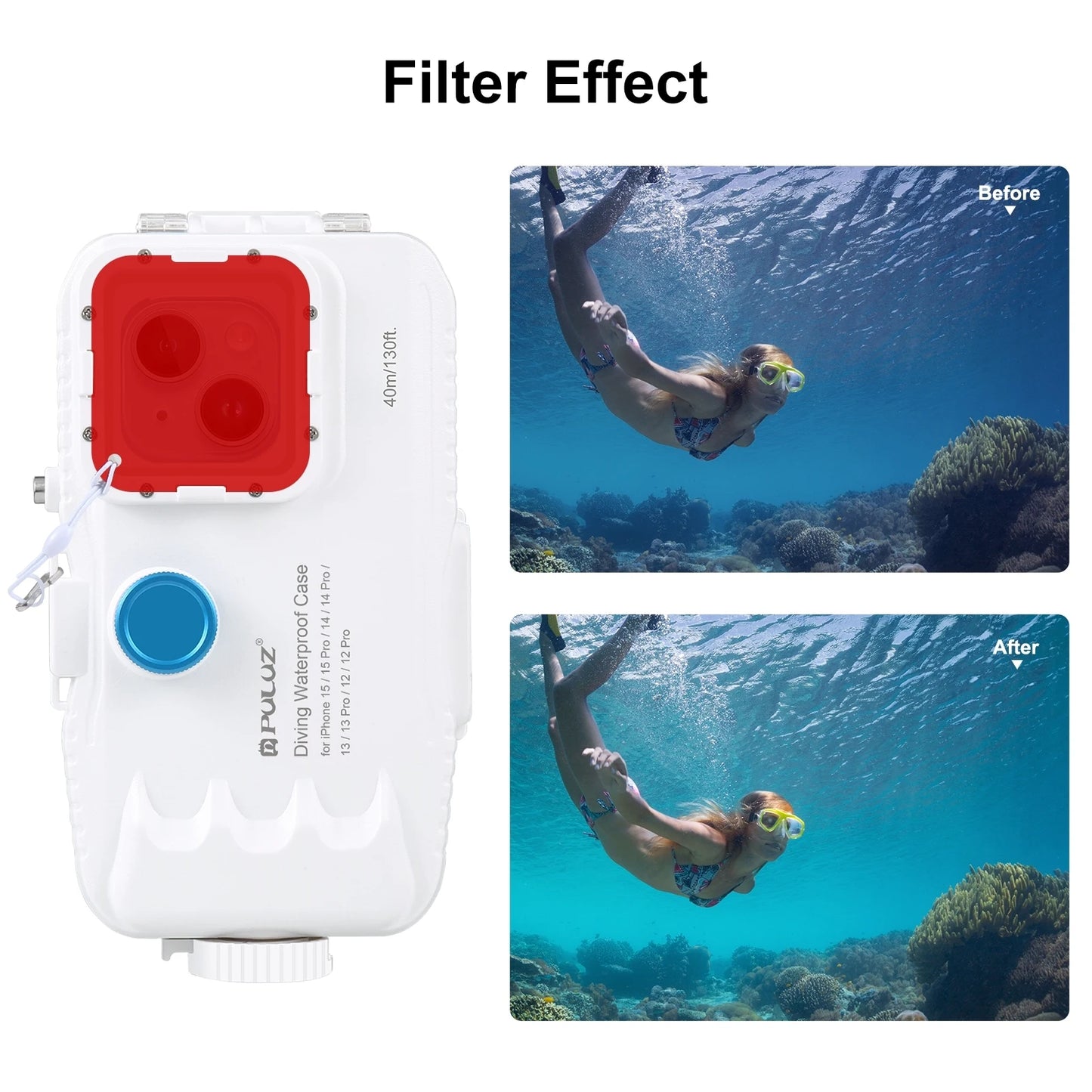 PULUZ 40m/130ft Waterproof Diving Case for iPhone 15 14 13 12 11 Pro Max Plus with One-way Valve Underwater Video Housing Cover