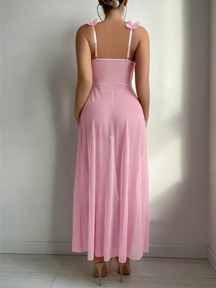 Porn Pink Floral Sexy Lingerie Dress Women Nighties Exotic Babydolls Slip Nightdress Deep-V Lace Mesh See Through Nightgowns