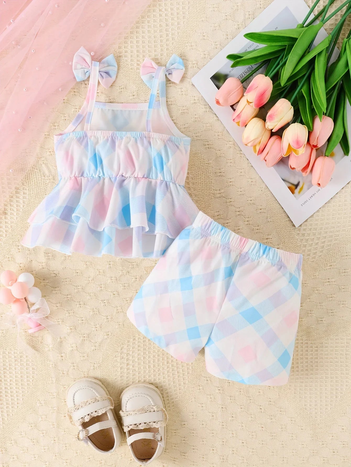 2 Pieces Summer GirlsFashion Plaid Halter Skirt + Shorts Casual Comfort Seaside Vacation Breathable Suit