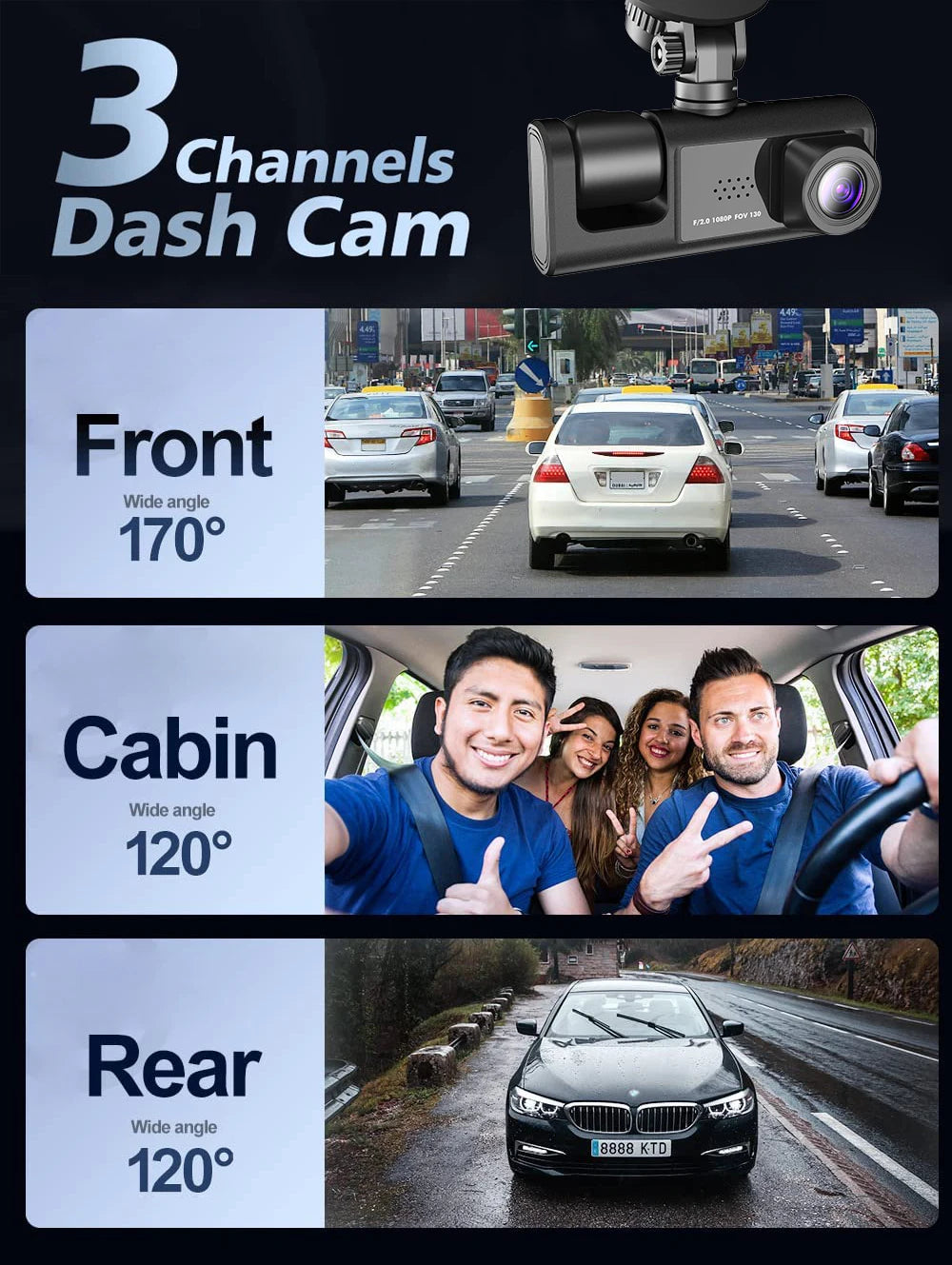 WiFi 3 Channel Car DVR Three Way Dash Cam Inside Vehicle Camera DVRs Recorder FHD 1080P Video Mini Registrator Dashcam Camcorder