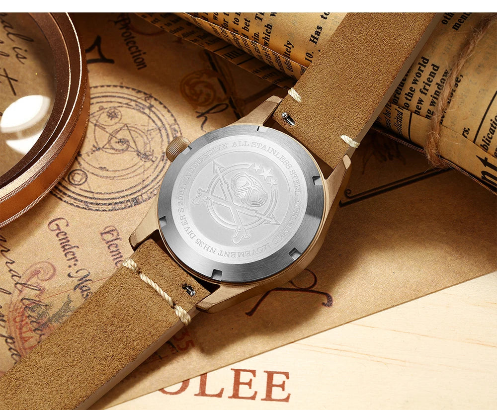 ADDIESDIVE 39mm Vintage CuSn8 Bronze Diver 200m Men's Watch Bubble mirror sapphire glass Automatic Mechanical Leather Strap