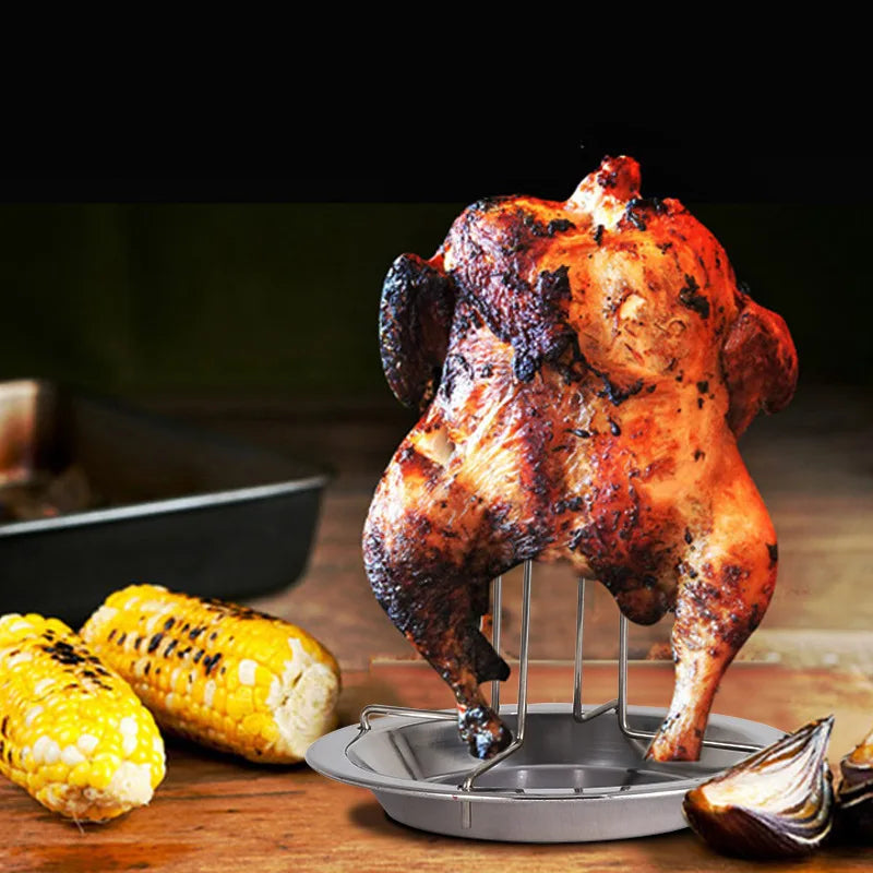 Chicken Roaster Rack With Bowl Carbon Steel Beer Can Chicken Turkey Roaster BBQ Grill Rack Stand Holder Tray