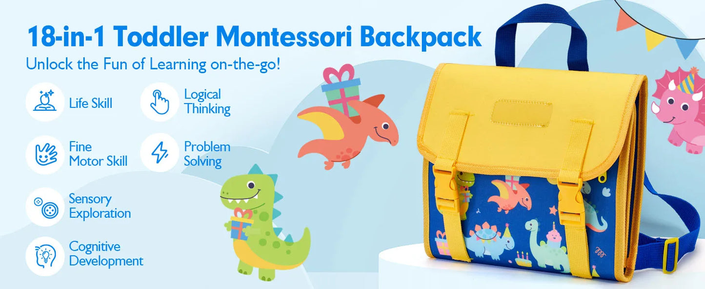 Toddler Busy Board Montessori Toys Learning Educational Activities Travel Toy Dinosaur Dress up  Sensory Life Skill Backpack
