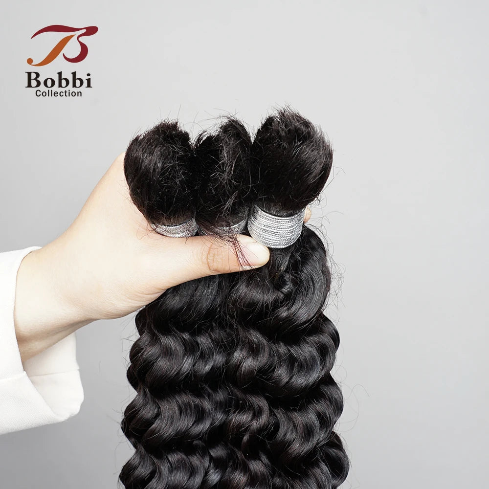 100% Human Hair Bulk for Braiding 1 Bundle Deep Wave Curly Natural Black Indian Remy Boho Braids Hair Bulk Extension Bobbi