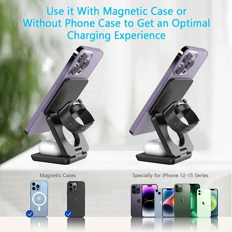 3 In 1 Foldable Magnetic Wireless Charger Stand For iPhone 15 14 13 12 Pro Max Apple Watch AirPods Fast Charging Station Holder
