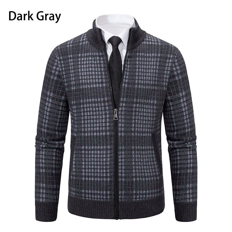 Mens Sweaters Jacket Full Zip Fleeced Sweater Cardigan Plaid Stand Collar Sweaters Coat Autumn Winter Homme Clothes