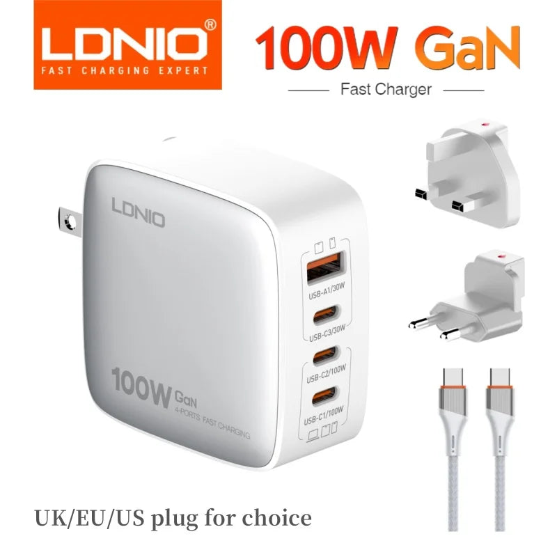 LDNIO 100W GaN Charger Multi-port Type C Travel Adapter For MacBook iPad iPhone 12-15 Pro Max Xiaomi 14 Galaxy S23 Usb C Charger
