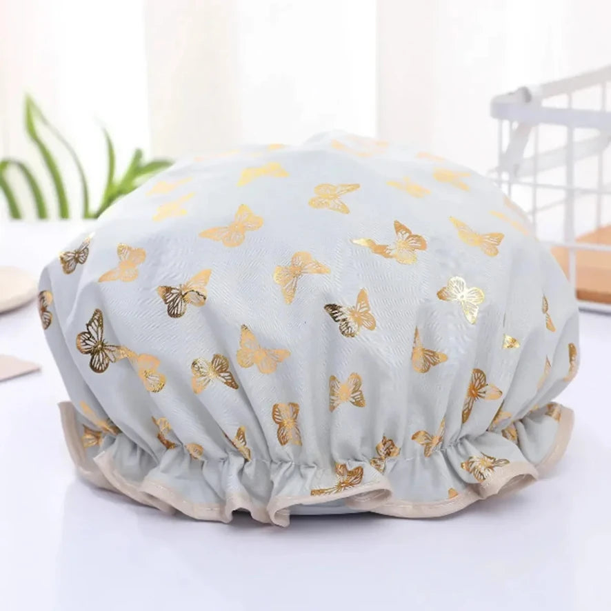 Shower cap waterproof hair cap hot gold printed polyester cotton shower cap bath lady For Women Salon Shower Supplies Wholesale