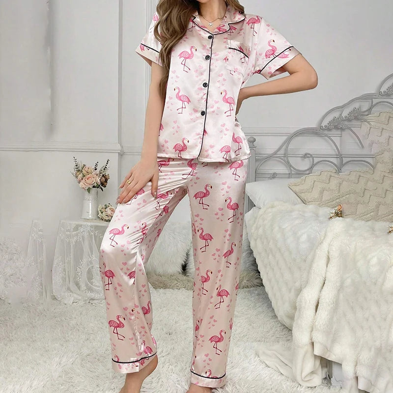 Satin Pajamas For Women Home Clothes Autumn Short Sleeve Turn-down Collar Tops Pants Sleepwear Flamingo Print Pyjama 2 Piece Set