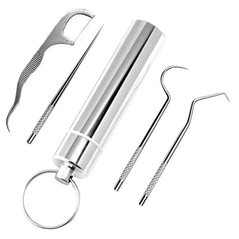 Portable Dental Tool Set Flossing Tooth Picking Tool Metal Stainless Steel Spiral Ear Pick Spoon Kit Oral Hygiene Tartar Removal