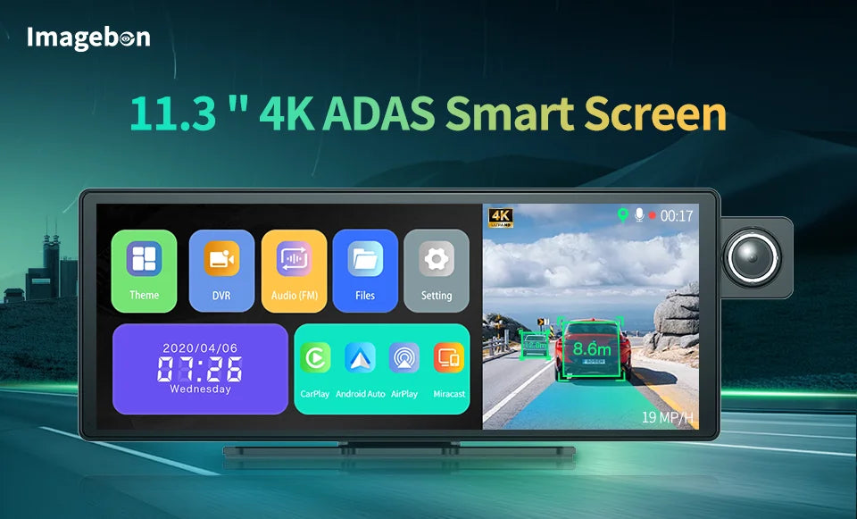 Imagebon 11.3″ 4K ADAS Rearview Mirror Camera Wireless CarPlay & Android Auto 3 Channel Recording Dash Cam GPS Navigation DVR