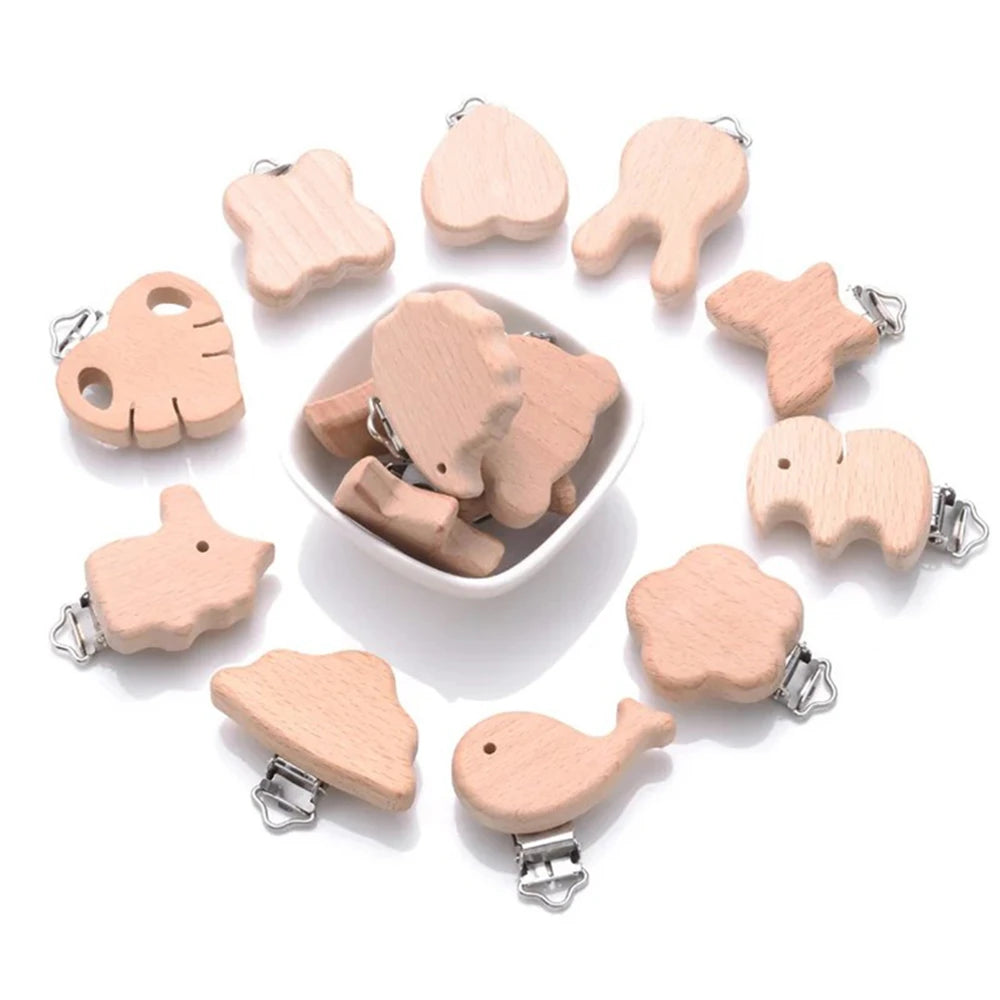 5pcs Woode Pacifier Baby Beech Wooden Animal Pacifier Metal Clips Holder Heart Pacifier Chain Teether Accessories