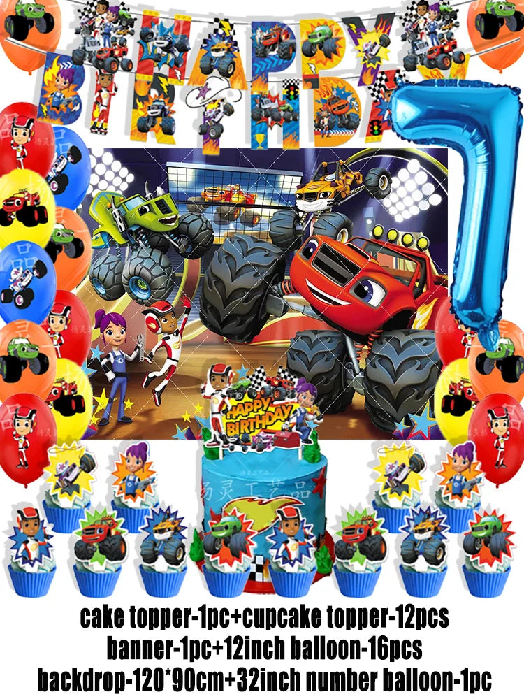 Blaze Monster Machines Theme Birthday Party Supplies Decor Cartoon Truck Balloon Banner Backdrops Cupcake Topper for Kids Gifts